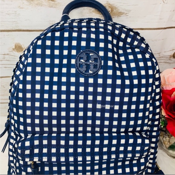 Tory Burch Navy and White Checkered Backpack - Picture 3 of 16
